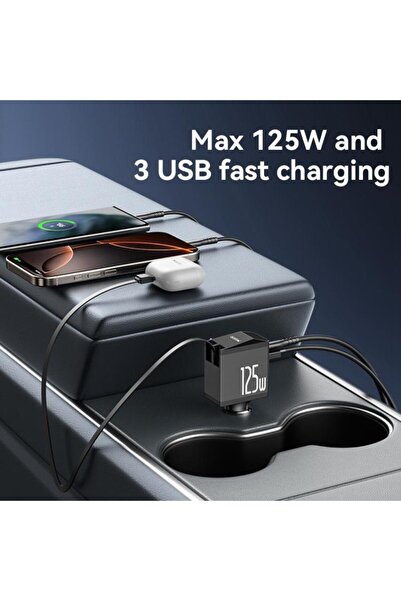 Yesido شاحن سيارة Y71 125 واط من النوع C + كابل قابل للسحب 8 سنون 3 في 1 (أسود)