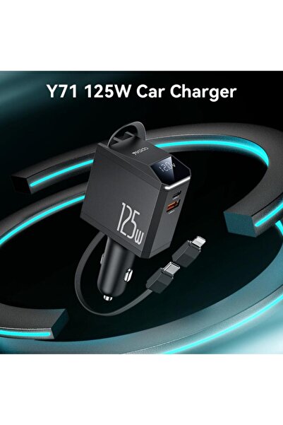 Yesido شاحن سيارة Y71 125 واط من النوع C + كابل قابل للسحب 8 سنون 3 في 1 (أسود)