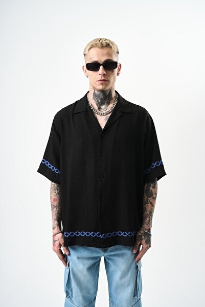 Respire Ανδρικό λινό πουκάμισο Oversize - Μαύρο