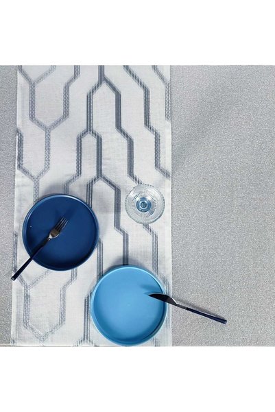 PİKKO HOME Beyaz Polyester File Dokuma Masa Örtüsü(145*240 CM)ve Beyaz Jakar Dokuma(44*152 CM)(MSET)