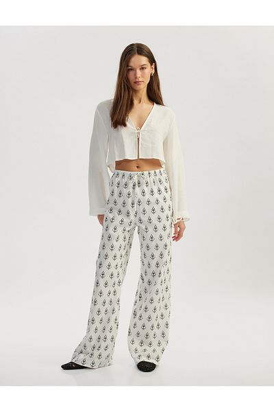 Koton Patterned Cotton Straight Leg Trousers with Lace-Up Waist