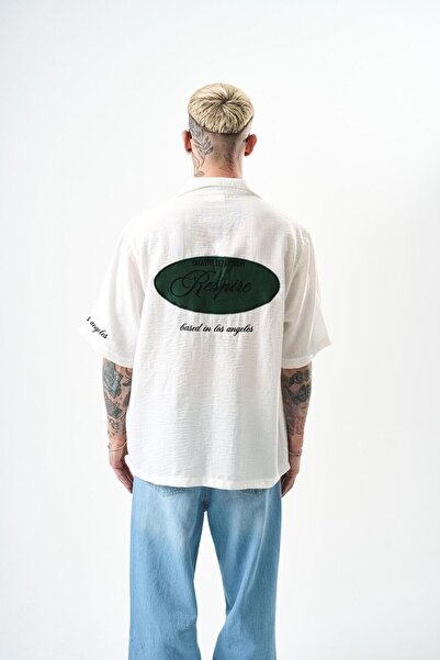Respire Ανδρικό λινό πουκάμισο Respire Embroidered Oversize Λευκό
