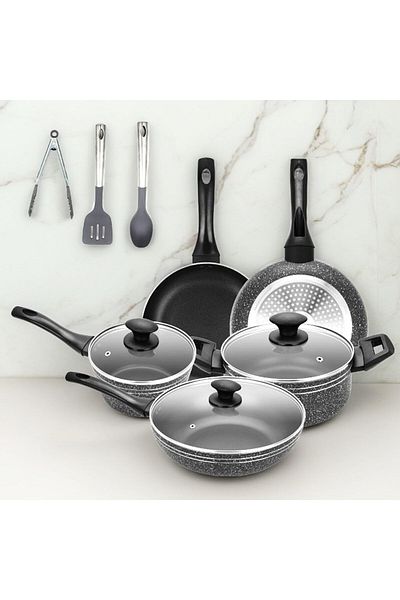 Auroware 10 Pcs Non Stick Cookware set Induction Bottom Pressed Aluminium Wok pan with Lid Casserole