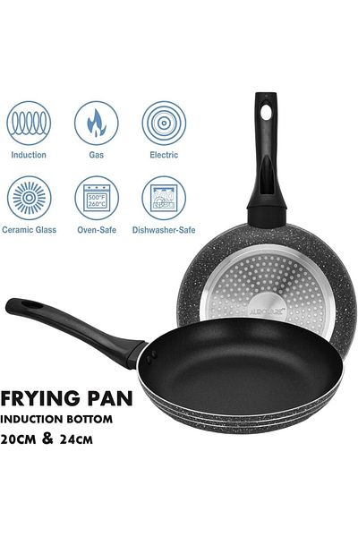 Auroware Non Stick Pack of 2 Frying Pan and Casserole with Lid Pressed Aluminium Dishwasher Safe