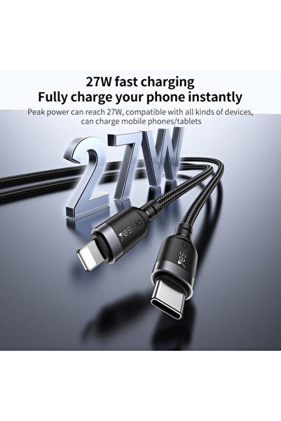 Yesido CA189 27W Type-C to 8 Pin Aluminum Alloy Data Cable, Length: 1.2m(Black)