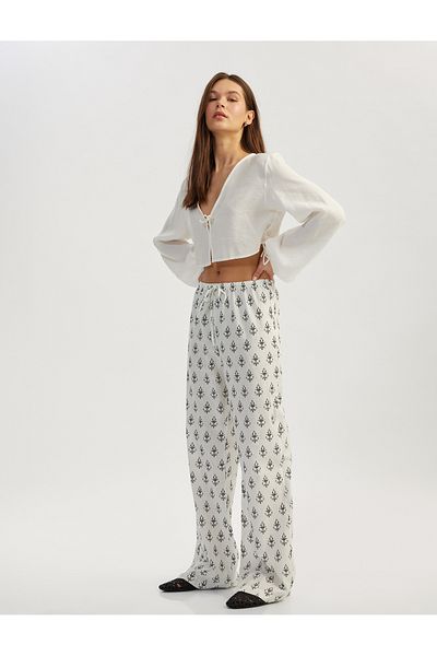 Koton Patterned Cotton Straight Leg Trousers with Lace-Up Waist