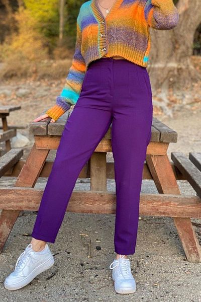 dk denemekabini Women's High Waist Pencil Carrot Fabric Trousers - Purple