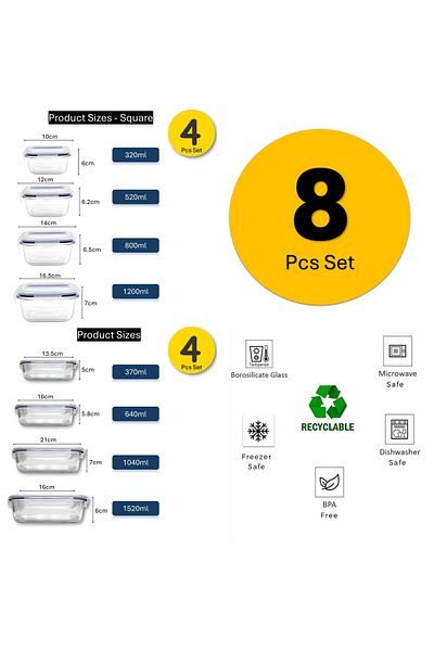 Auroware 8 Pack Glass Containers with Leak Proof Airtight Lid, BPA Free, Microwave Freezer Safe