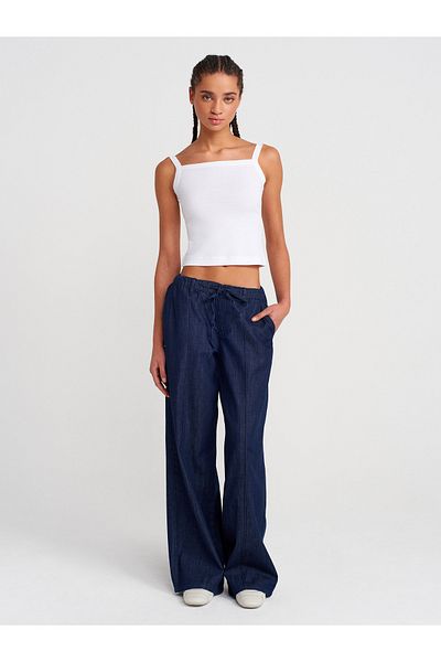 Dilvin 71805 Front Stitching Detailed Elastic Denim Trousers-Navy Blue