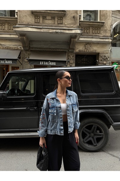 SOLİS MODA Crop kot çeket nakış işlemeli