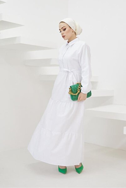 giyze Shirt Collar Buttoned Hijab Dress White 427