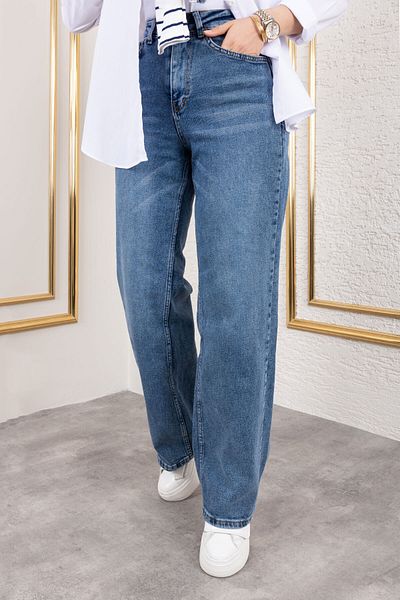 Tesettür Dünyası Pantaloni Palazzo Denim cu talie înaltă TSD 250119   Albastru închis
