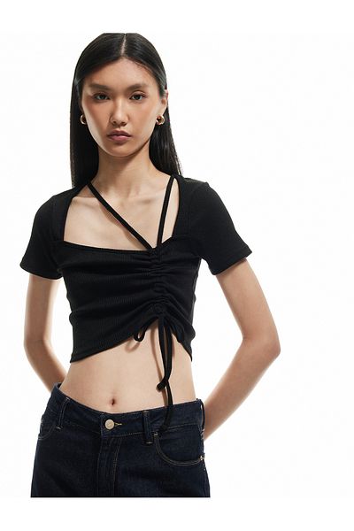 Koton Slim Fit Gathered Tie Detailed Short Sleeve Square Neck Ribbed Crop T-Shirt