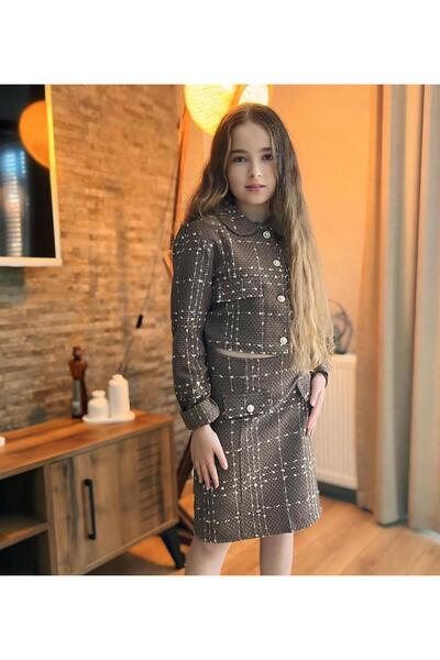 Hilal Akıncı Kids Girl's Fabric Gold Buttoned Crop Jacket Ornamental Pocket D...