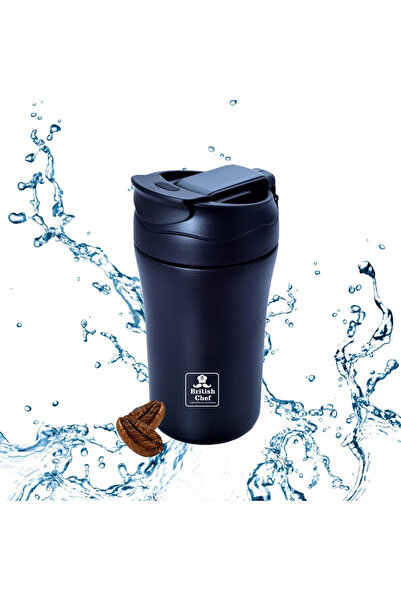 British Chef كوب قهوة ٥١٠ مل، كوب فولاذي معزول مانع للتسرب، مع ماصة وغطاء، ساخن وبارد، مناسب للسفر - BC323 أسود