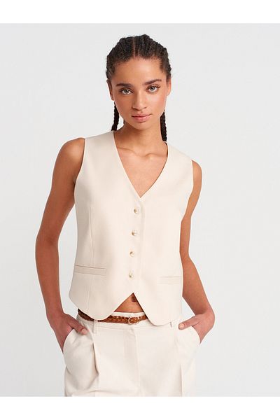 Dilvin 60580 V-Neck Buttoned Vest-Stone