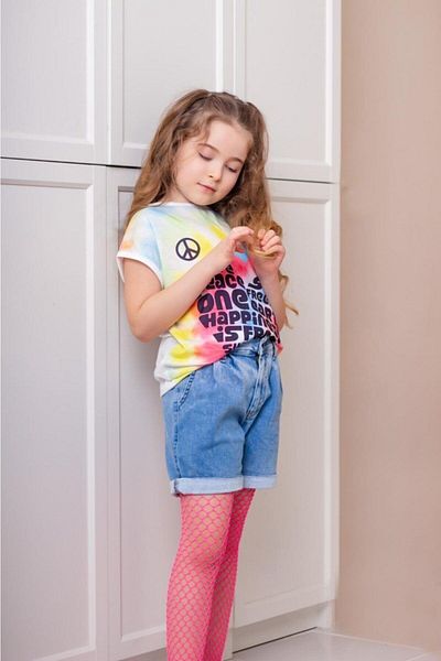 Hilal Akıncı Kids Girl's Colorful Sunshine Printed T-Shirt Denim Shorts Fishnet Socks Triple Set