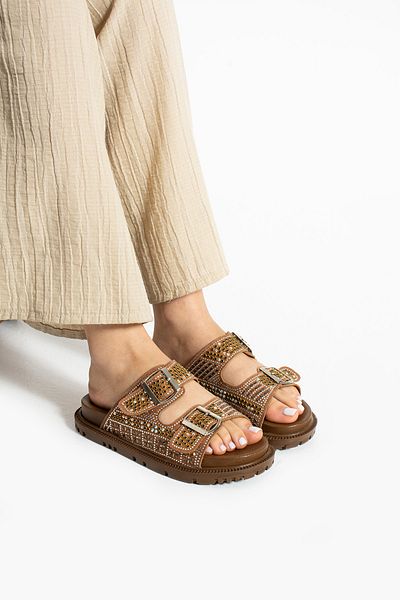 Moda Devrin Tan Double Buckle Stone Anatomical Comfortable Sole Slippers