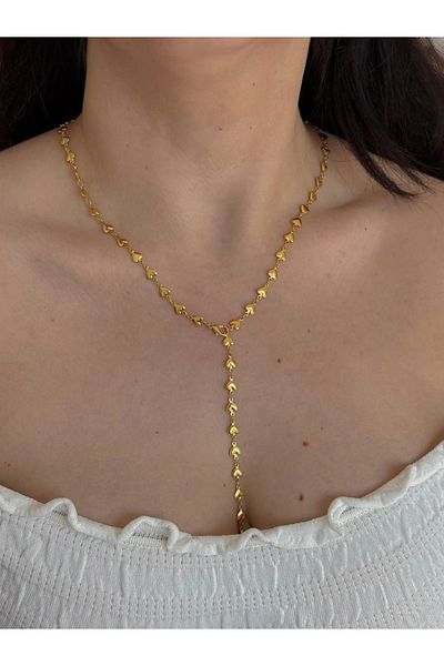 Reorah Collection Golden Heart Y Necklace-Gold Heart Y Necklace with Row