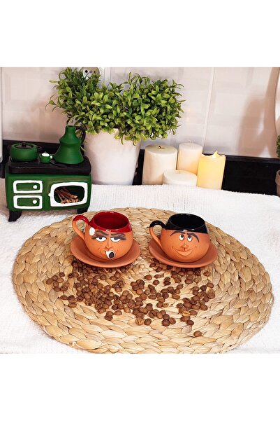 HerşeyTopraktan Topraktan El Yapımı Emoji Ifadeli Kahve Fincan Takımı 6 Renk Yuvarlak Model