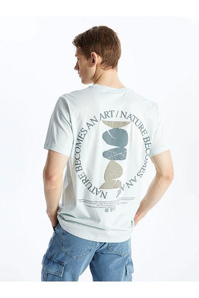 LC Waikiki Ανδρικό μπλουζάκι LCW Casual BLUE Crew με κοντό μανίκι με στάμπα από βαμβακερό χτενισμένο βαμβάκι