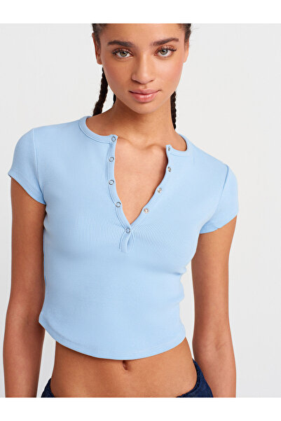 Dilvin 31719 Top cu mânecă scurtă cu snap închidere-albastru