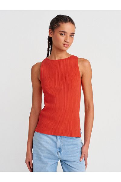 Dilvin 10726 Boat Neck Ribbed Knitwear Blouse-A.Red
