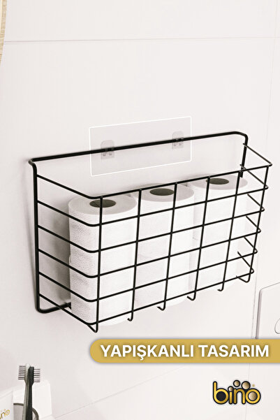 Bino Yapışkanlı Tuvalet Kağıdı Organizeri 1 ADET Paslanmaz Metal Banyo Şampuanlık Mutfak Rafı Siyah