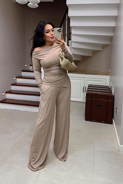 Butik Gardrop Draped Asymmetrical Cut Blouse Trousers Modal Suit Stone