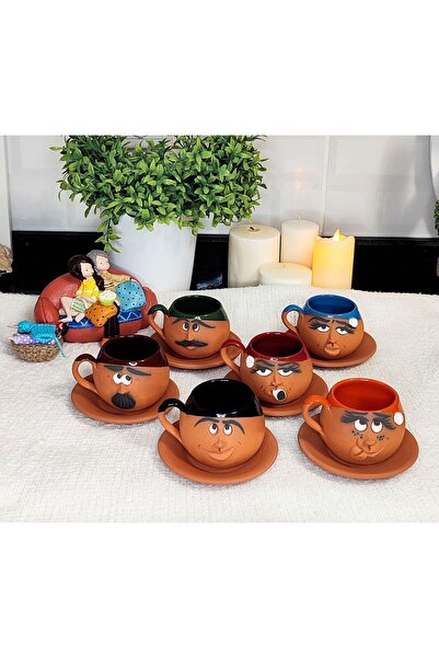 HerşeyTopraktan Topraktan El Yapımı Emoji Ifadeli Kahve Fincan Takımı 6 Renk Yuvarlak Model
