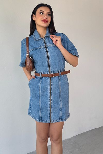 Cappmoda ELB-01755 Rochie albastră din denim echivalent cu fermoar