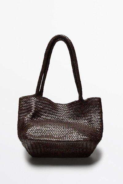 Massimo Dutti Yarım tote örgülü napa deri tote çanta