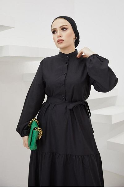 giyze Judge Collar Buttoned Hijab Dress Black 428