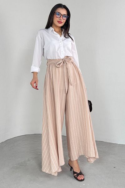 Cappmoda Pnt-07411 Mink Striped Woven Shalwar Skirt Trousers