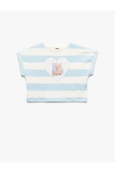 Koton Tricou crop din bumbac cu mânecă scurtă cu decolteu cu paiete