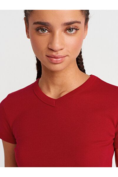Dilvin 31673 V-Neck T-Shirt-Red
