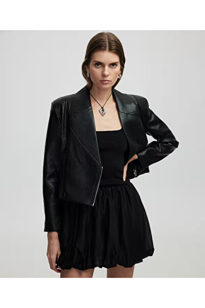 hasene Fermuar Detaylı Kruvaze Crop Deri Ceket - SİYAH