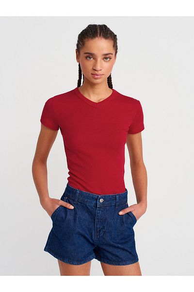 Dilvin 31673 V-Neck T-Shirt-Red