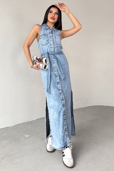 Cappmoda ELB-01759 Rochie albastră din denim cu nasturi și curea