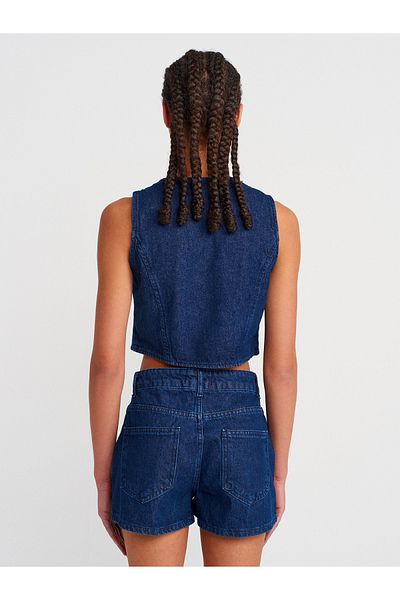 Dilvin 50750 Asymmetrical Buttoned Denim Vest-Navy Blue