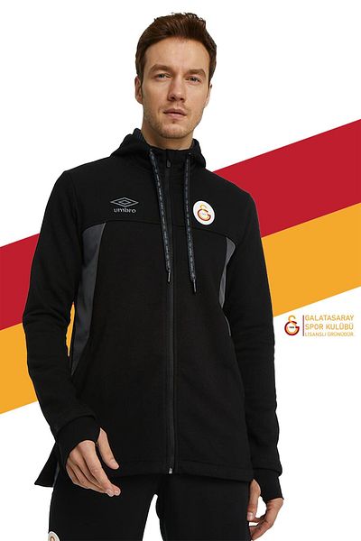 Galatasaray Оригинален черен суичър с качулка, щампа на лъв с цип, дървена кутия за подарък