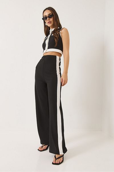 Bianco Lucci Women's Stripe Detailed Button Crop Vest and Palazzo Pants Ottoman Top-Suit