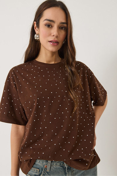 Bianco Lucci Women's Sequin Detailed Crew Neck Short Sleeve T-Shirt 3028 60283149