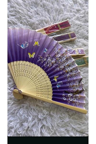 BELUGA Yelpaze Bambu Vintage Mor Kelebekli Bahar Dalı Desenli Şık Püsküllü Japon Yelpaze 0419