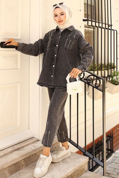 giyze Stone Detailed Double Suit Gray 1699