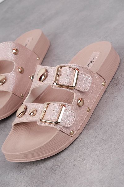 Lal Shoes & Bags Esta Women's Double Banded Round Metal Detailed Slippers-Powder