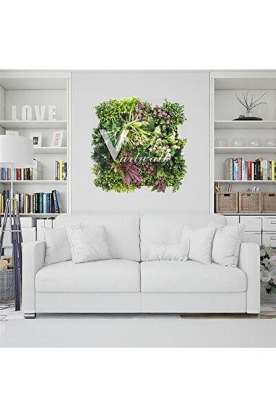 grassplast V.artwall Yapay Çiçek Tablo Karışık Çiçekli Beyaz Çerçeveli Dekoratif Duvar Tablo Yeşil 50x50cm