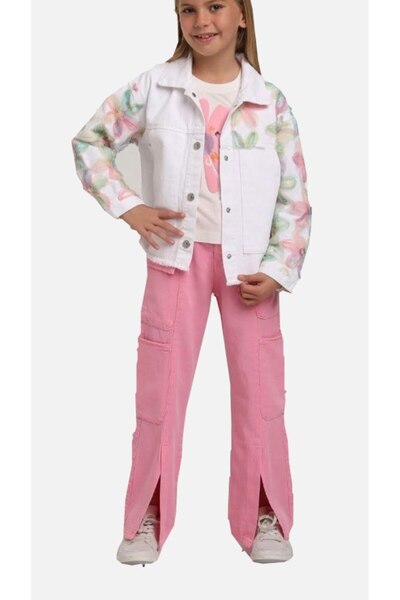 TİJK Girl's Soft Linen Fabric Trousers with Slit Legs and Pockets