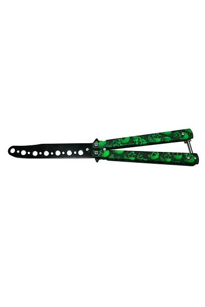 Depox Cuțit fluture IdeallStore®, Happy Green Skulls, pentru antrenament, 22 cm
