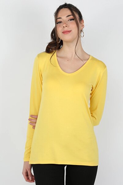 BALİNS Kadın Viskon Uzun Kollu Tişört Sarı